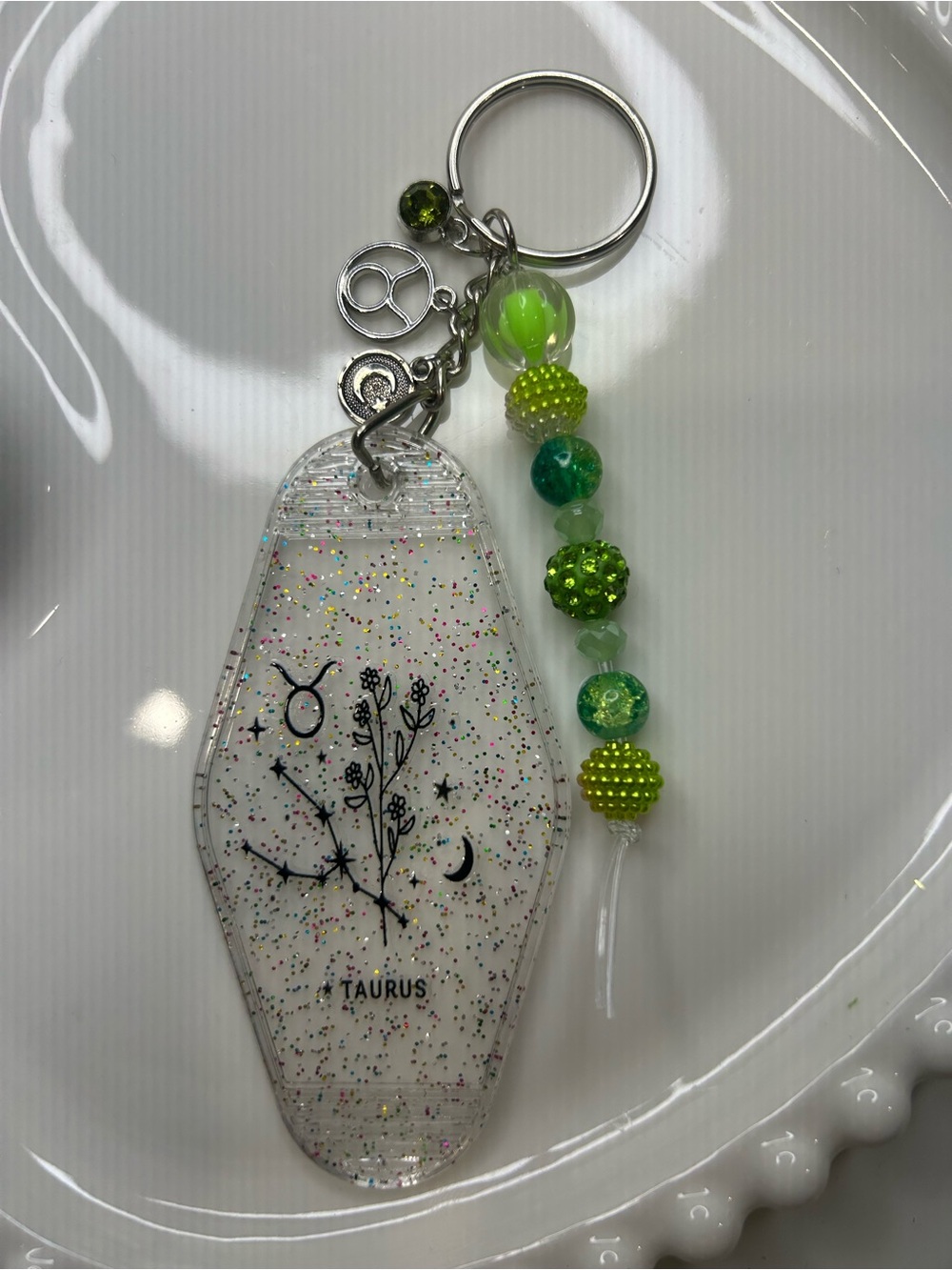 Taurus Zodiac Keychain with Green Bead Charm
